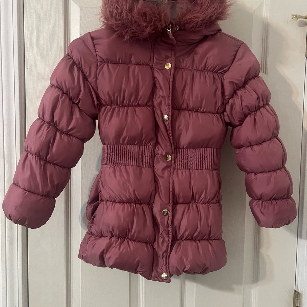 Juicy Couture Kids Mauve Puffer Jacket with Faux Fur